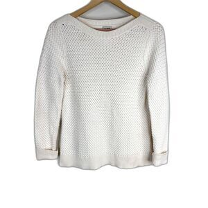 LL Bean Cream Fisherman Sweater M Basketweave Cotton Chunky Knit Coastal Neutral